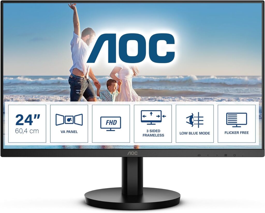 AOC 24B3HM - 23.8 Inch FHD Monitor, 75Hz, VA, 4ms, FreeSync, Low Blue light, Flicker Free, Frameless design (1920 x 1080 @ 75Hz, 250 cd/m, HDMI , VGA)