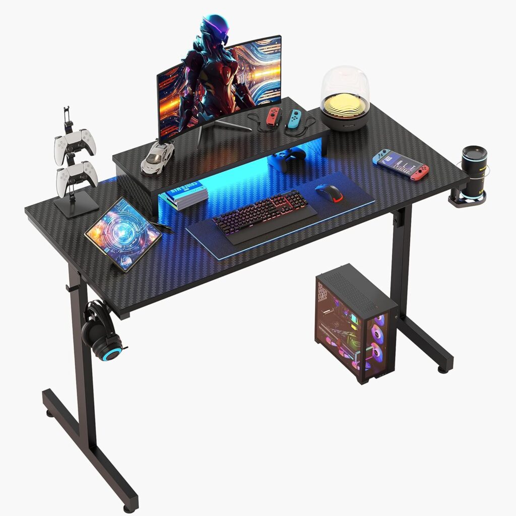 Bestier Small Gaming Desk 106.6CM LED Computer Desk with Monitor Stand Gamer Workstation with Cup Holder Headset Hooks for Home Office Bedroom Small Space