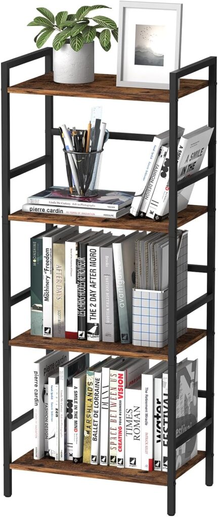 CADUKE 4 Tier Bookshelf with Storage Industrial Open Etagere Bookcase Wood Metal Book Shelf Stand Brown Bookshelves for Living Room Bedroom Office