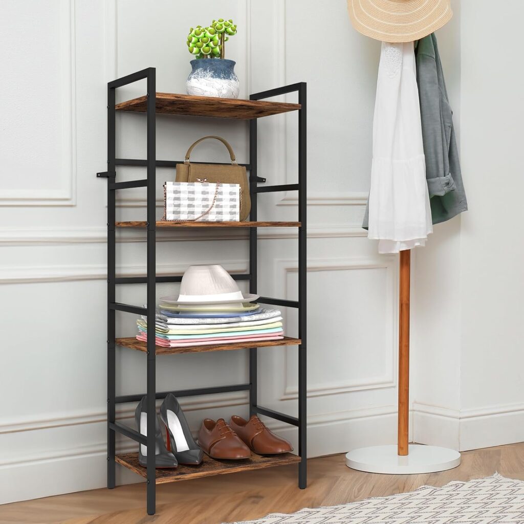 CADUKE 4 Tier Bookshelf with Storage Industrial Open Etagere Bookcase Wood Metal Book Shelf Stand Brown Bookshelves for Living Room Bedroom Office