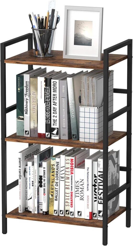 CADUKE Bookshelf 3 Tier Industrial Small Bookcase Wood and Metal Book Shelf Rustic Etagere Bookshelf Brown Bookshelves with Storage for Home Office Living Room Bedroom