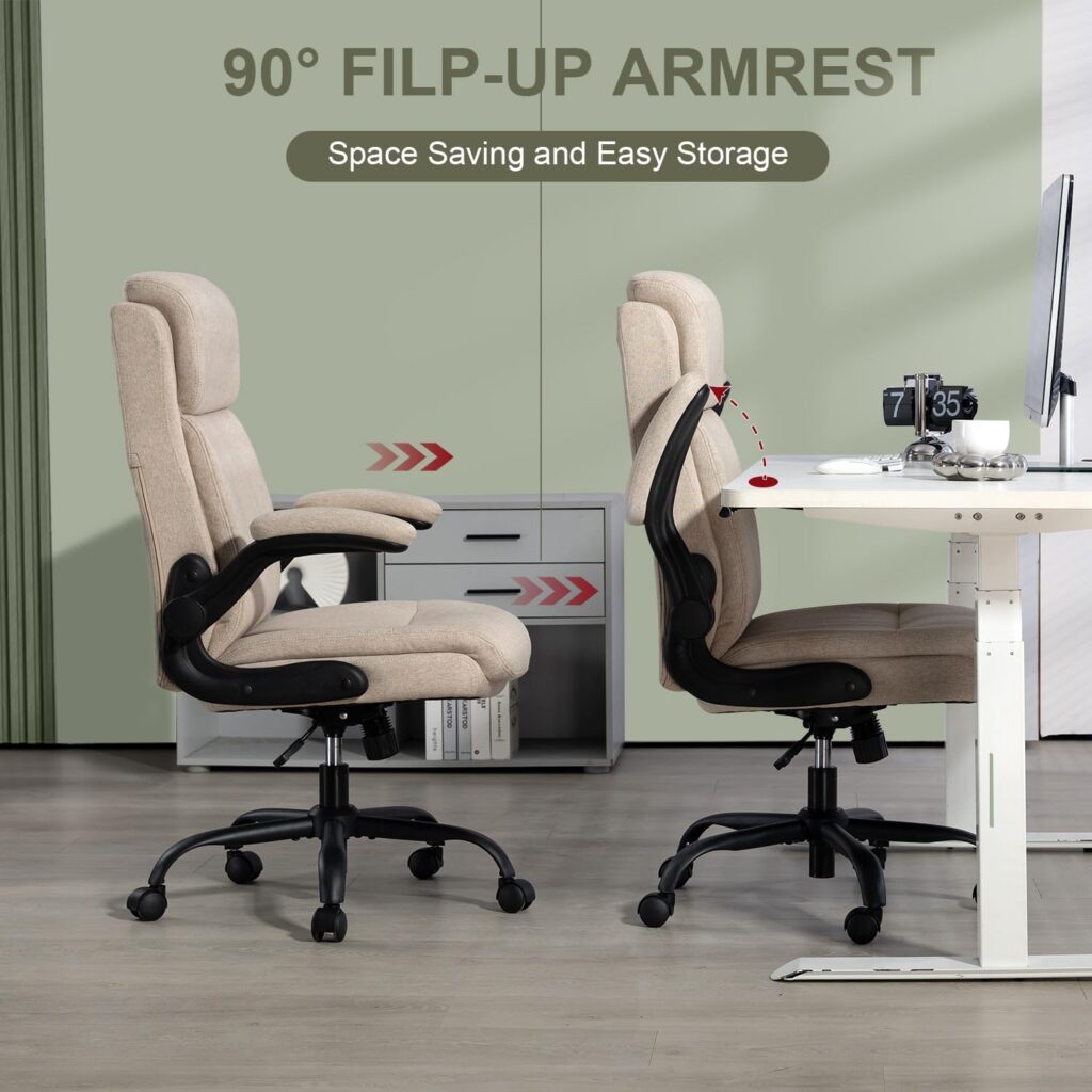 CASTLOVE Fabric Office Chair Ergonomic Computer Desk Chair Swivel Wide Executive Office Chair with Flip Up Armrest for Office Home Cream