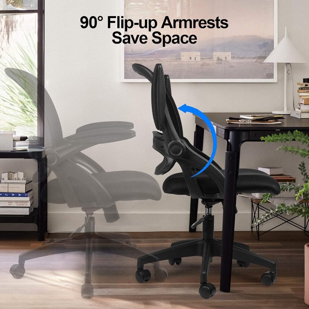 COMHOMA Desk Chair Office Chairs 90° Flip-up Armrest Ergonomic Computer Chair Lumbar Support Height Adjustable 360° Swivel Rocking Function Mesh Back Seat For Home Office - Black