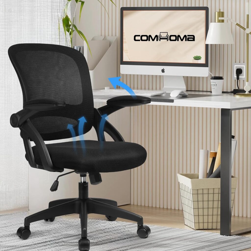 COMHOMA Desk Chair Office Chairs 90° Flip-up Armrest Ergonomic Computer Chair Lumbar Support Height Adjustable 360° Swivel Rocking Function Mesh Back Seat For Home Office - Black