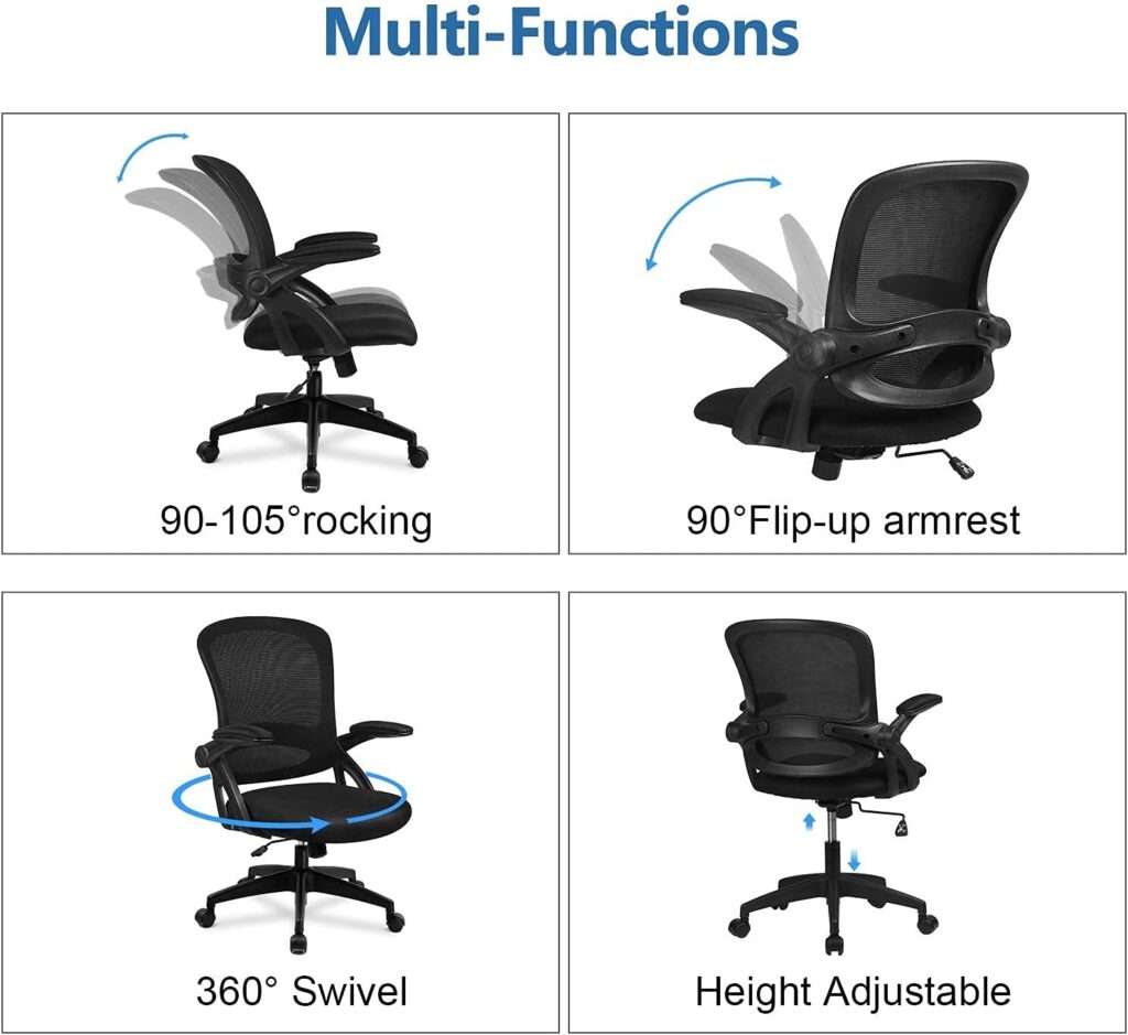 COMHOMA Desk Chair Office Chairs 90° Flip-up Armrest Ergonomic Computer Chair Lumbar Support Height Adjustable 360° Swivel Rocking Function Mesh Back Seat For Home Office - Black