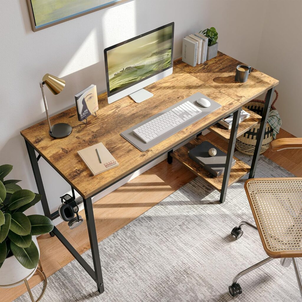 CubiCubi Computer Home Office Desk, 100 * 60cm Small Desk Study Writing Table with Storage Shelves, Modern Simple PC Desk with Splice Board, Rustic Brown and Black