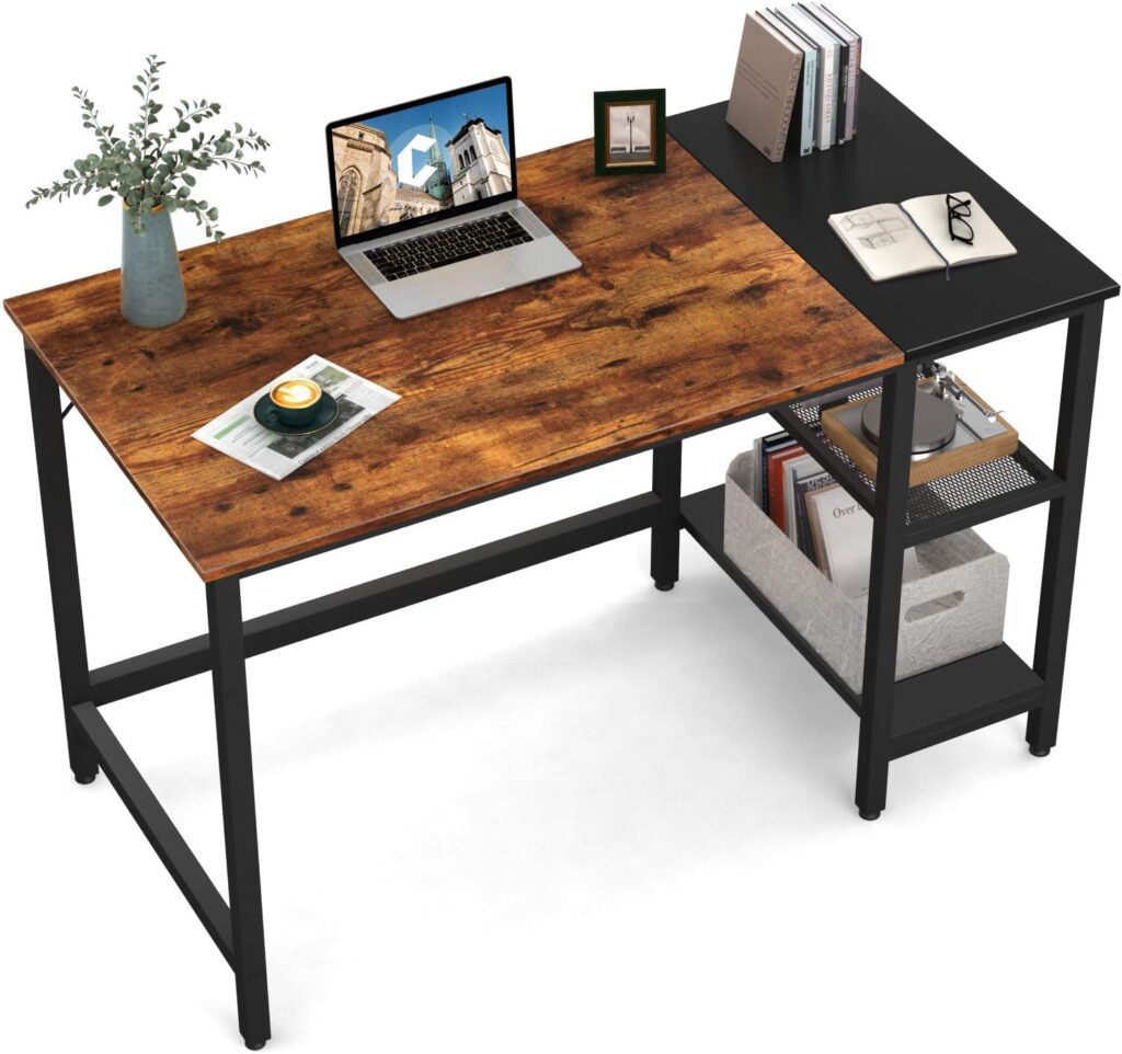 CubiCubi Computer Home Office Desk, 100 * 60cm Small Desk Study Writing Table with Storage Shelves, Modern Simple PC Desk with Splice Board, Rustic Brown and Black