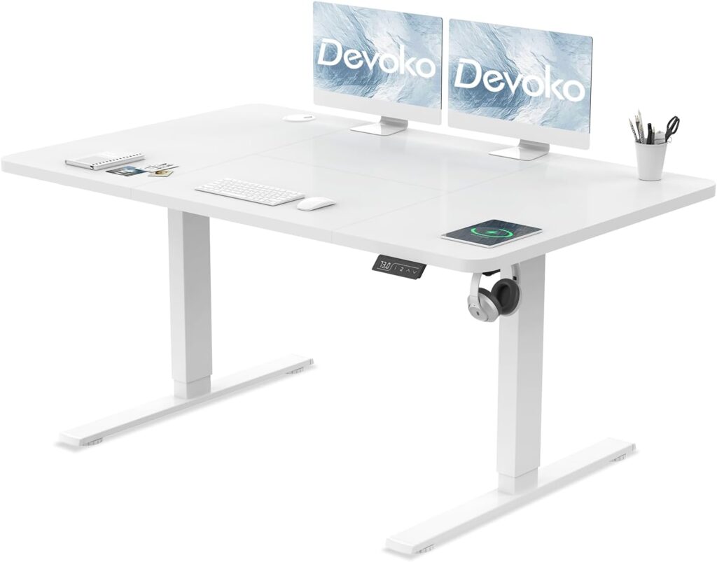 Devoko Electric Standing Desk 120x60cm Sit Stand Table Height Adjustable Desk with Backpack Hook and Memory Smart Pannel, White