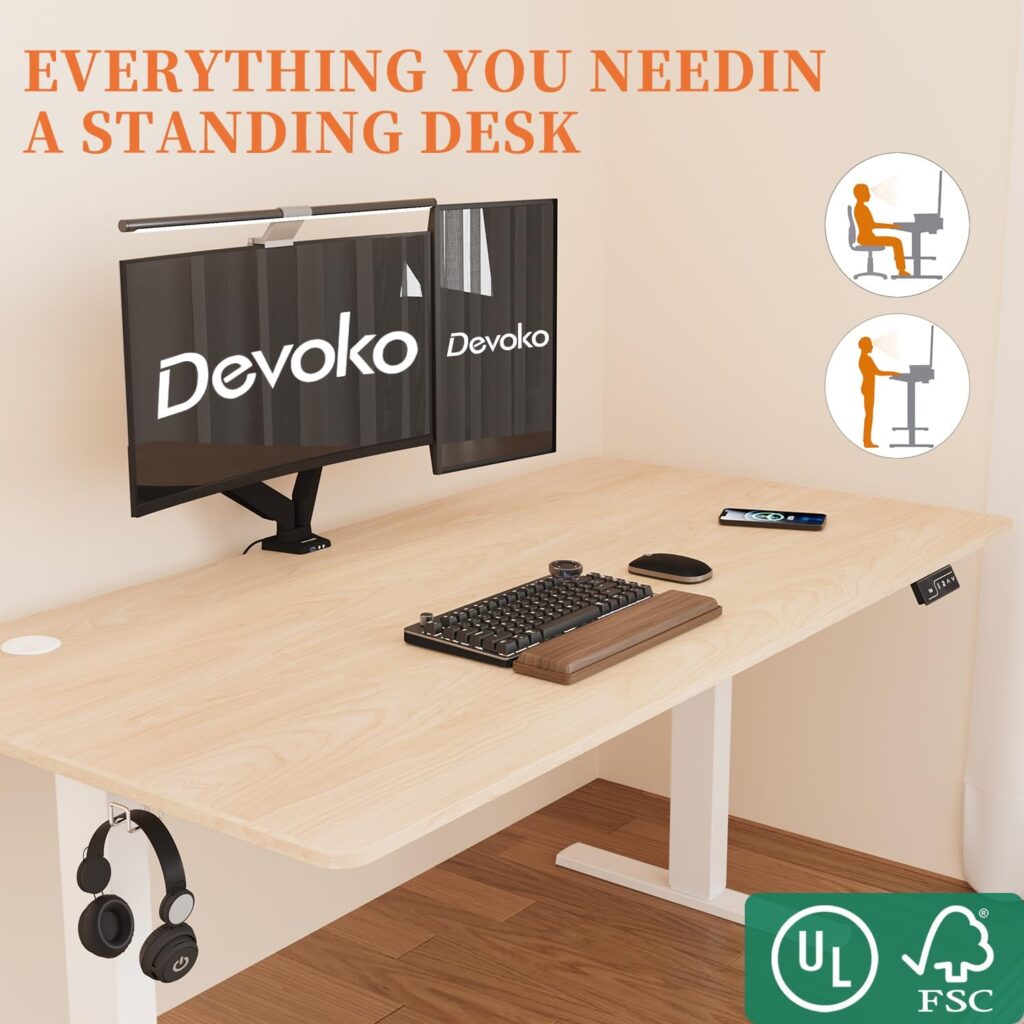 Devoko Electric Standing Desk 120x60cm Sit Stand Table Height Adjustable Desk with Backpack Hook and Memory Smart Pannel, White