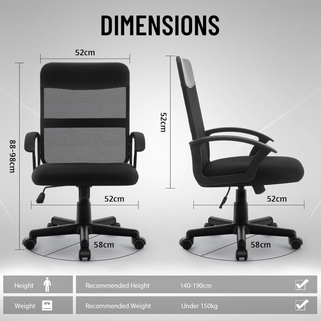 DLONGONE Office Chair Desk Chair Mesh Office Chair Height Adjustable Study Swivel Chair Comfortable Mid-back Chair with Armrests and Mesh Breathable Backrest, Black