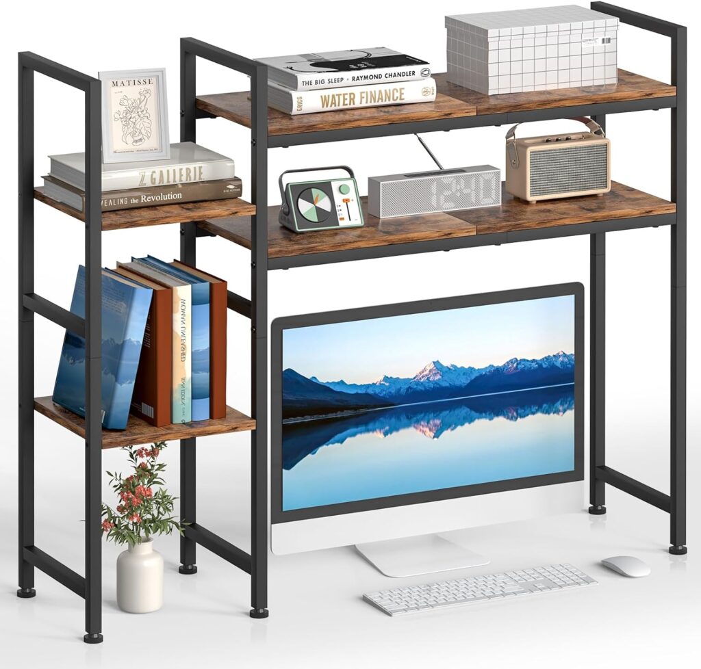 DOMYDEVM Desktop Bookshelf Multipurpose 2-Tier Desktop Hutch Bookcase 37.4 Inch(L) Brown Desk Hutch Top Only for Computer Office Home Dorm Living Room