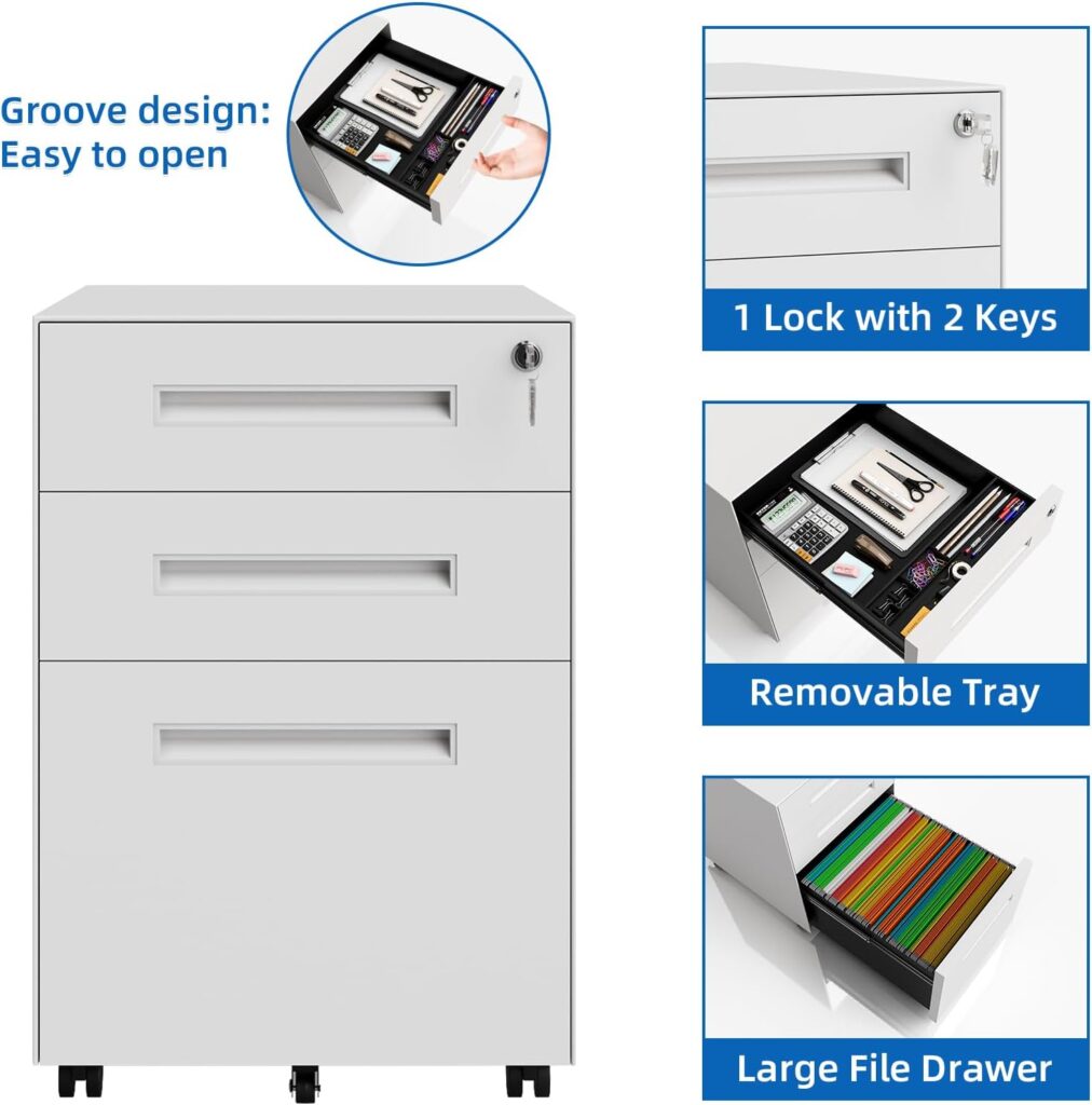 Dripex 3-Drawer Mobile File Cabinet, Rolling Metal Filing Cabinet with Hanging Frame for Legal/Letter/A4, Lockable Vertical File Cabinet Anti-tilt Design, Fully Assembled except Wheels, White