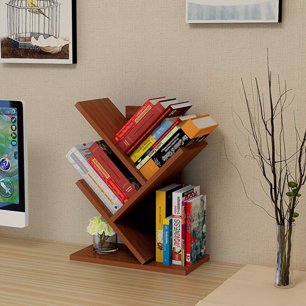 GAESHOW Tree Bookshelf, 3 Shelf Wooden Desktop Organizer Shelf, Retro Floor Standing Bookcase, Floor Standing Bookcase, Organizer Shelves for Bedroom, Living Room, Home, Office (Light walnut)