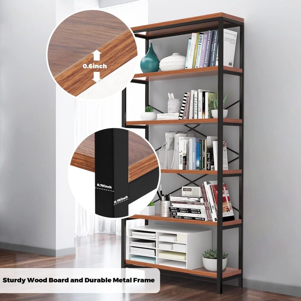 Himimi Bookcase 6 Tier, Bookshelf 180 x 80.3 x 30 cm, Freestanding Unit, Multifunctional Vintage Standing for living Room, Office, Bedroom