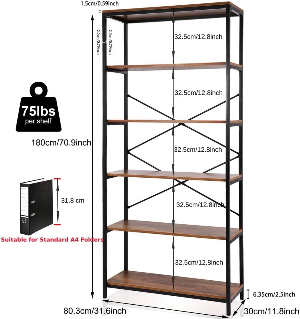 Himimi Bookcase 6 Tier, Bookshelf 180 x 80.3 x 30 cm, Freestanding Unit, Multifunctional Vintage Standing for living Room, Office, Bedroom