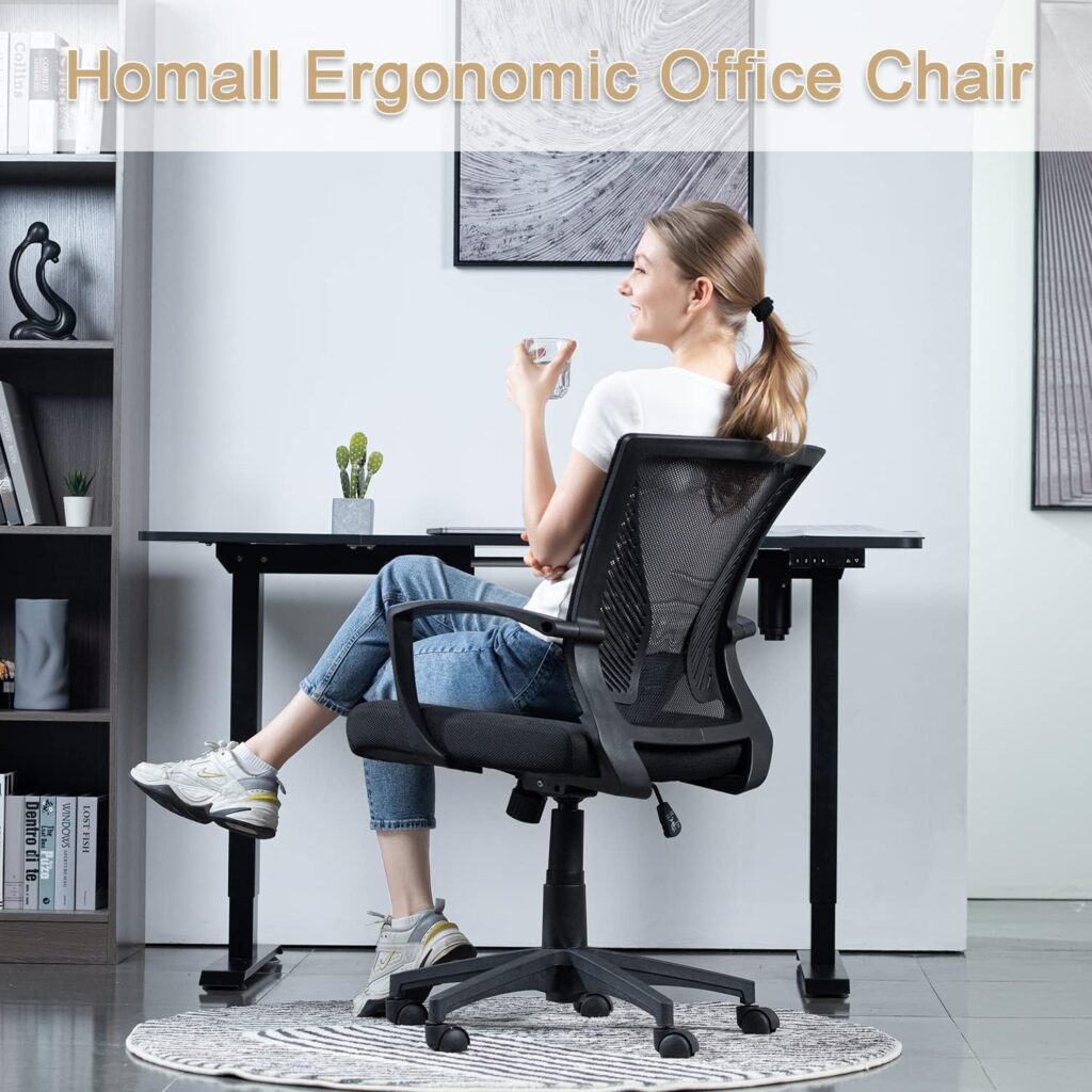 Homall Computer Chair Office Chair Mesh Chair Ergonomic, Mesh Chair Adjustable Seat Height with Back Support and Arms, Desk Chair Comfy, Study Chair for Home