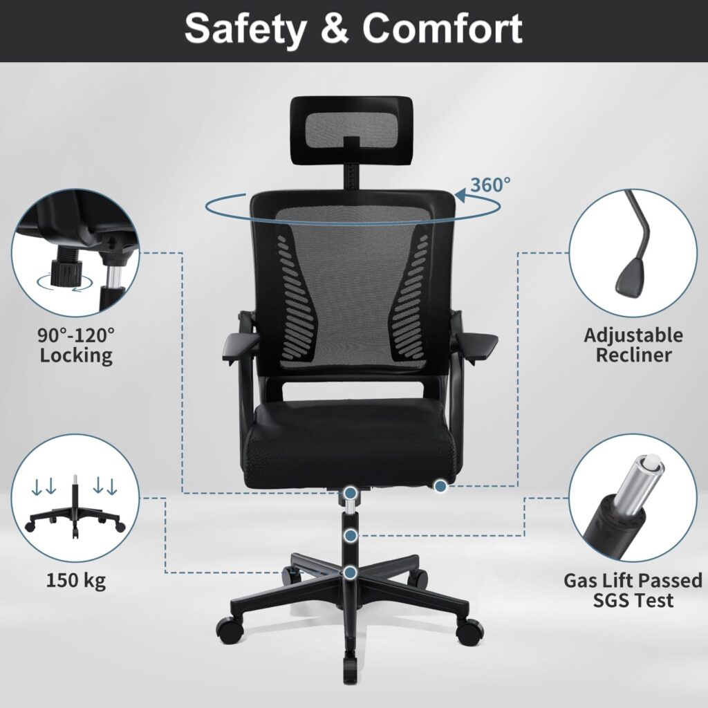 Homall Computer Chair Office Chair Mesh Chair Ergonomic, Mesh Chair Adjustable Seat Height with Back Support and Arms, Desk Chair Comfy, Study Chair for Home