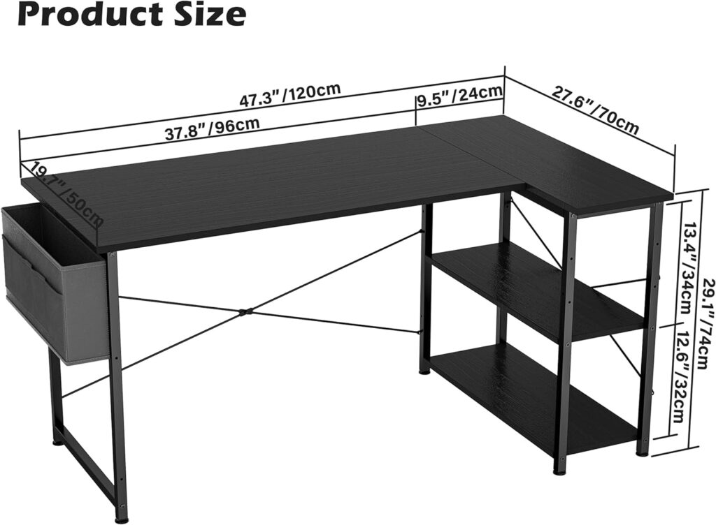 HOMIDEC L Shaped Desk 120CM Computer Desk Study Office Desk Gaming Desk Writing Table With Bookshelf Reversible Corner Desk For Home Office Studio Workstation