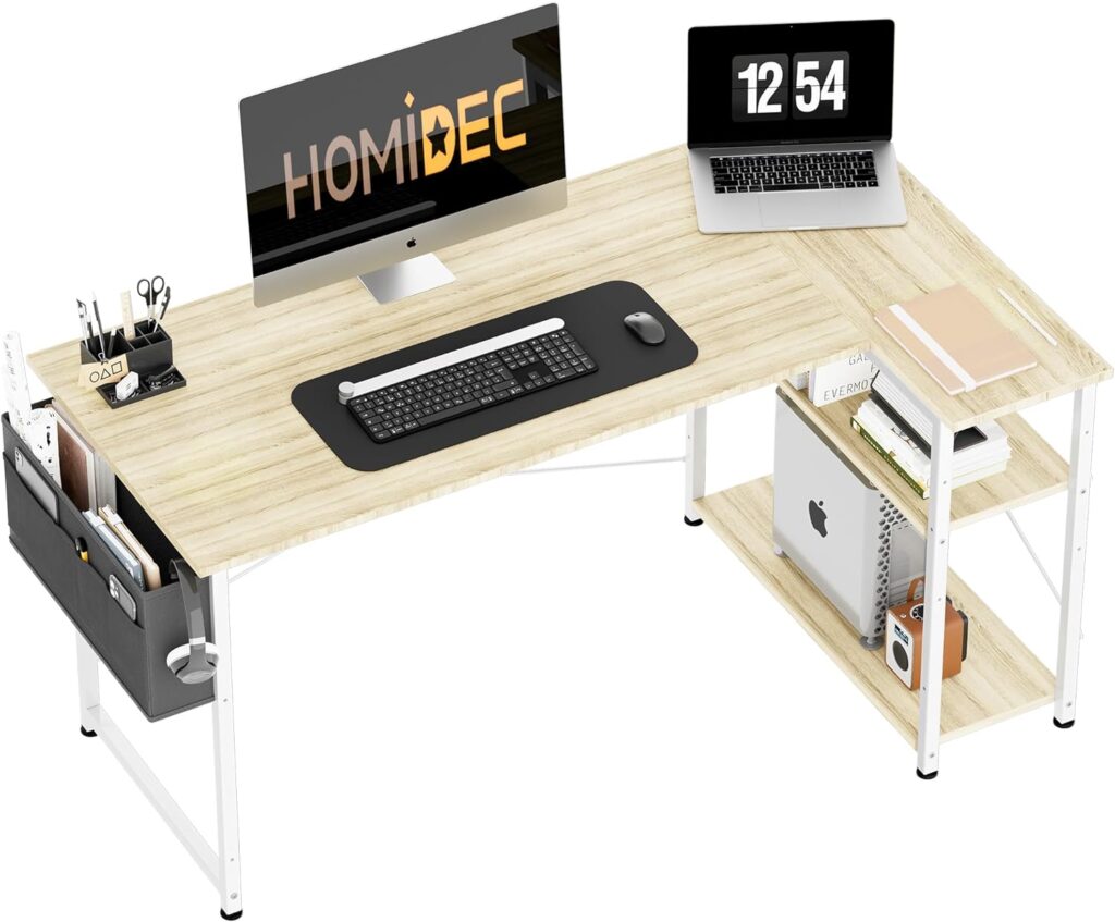 HOMIDEC L Shaped Desk 120CM Computer Desk Study Office Desk Gaming Desk Writing Table With Bookshelf Reversible Corner Desk For Home Office Studio Workstation