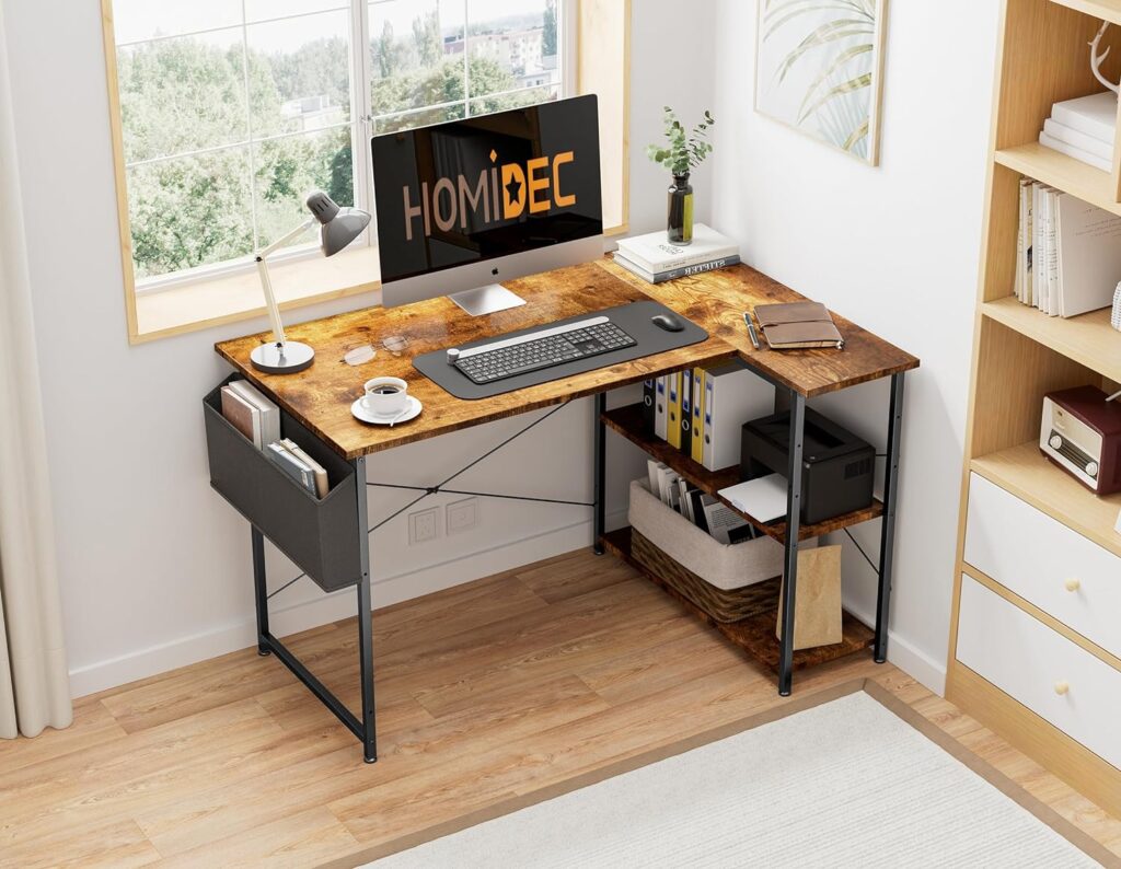 HOMIDEC L Shaped Desk 120CM Computer Desk Study Office Desk Gaming Desk Writing Table With Bookshelf Reversible Corner Desk For Home Office Studio Workstation