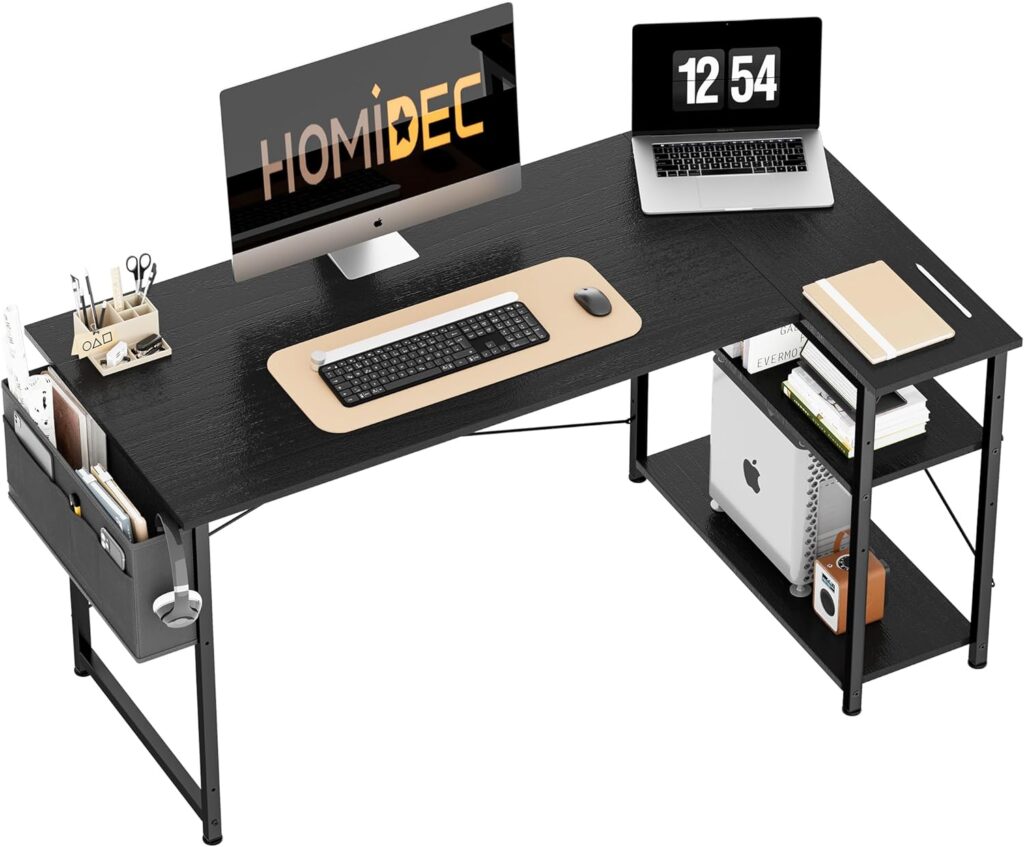 HOMIDEC L Shaped Desk 120CM Computer Desk Study Office Desk Gaming Desk Writing Table With Bookshelf Reversible Corner Desk For Home Office Studio Workstation