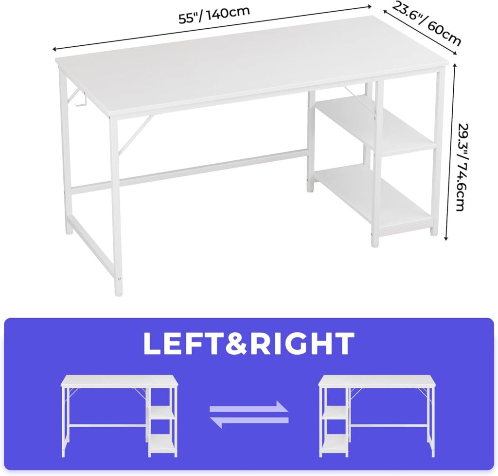 JOISCOPE Computer Desk, 100cm Office Desk with 2 Shelves, PC Desks Workstation for Student and Worker, Study Table for Writing, Wooden Desk for Bedroom, Home, Office, (White Finish)