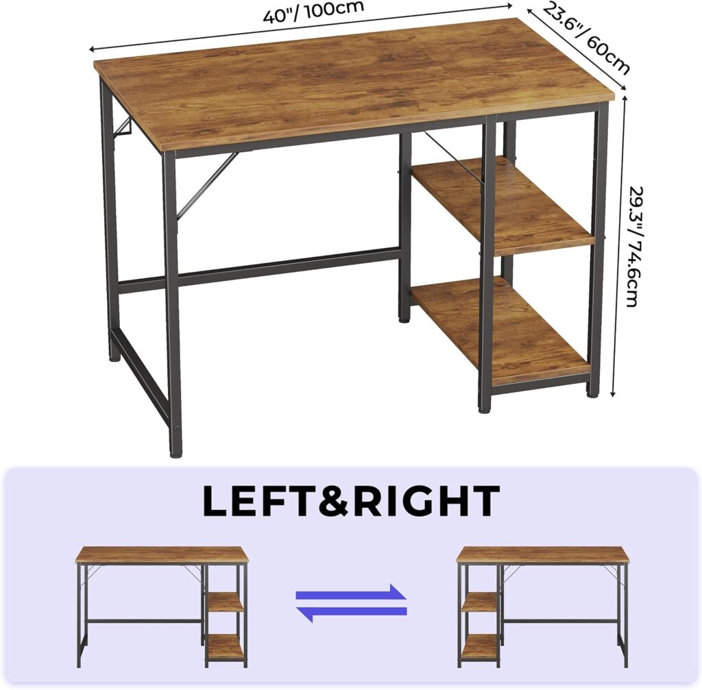 JOISCOPE Computer Desk, 100cm Office Desk with 2 Shelves, PC Desks Workstation for Student and Worker, Study Table for Writing, Wooden Desk for Bedroom, Home, Office, (White Finish)