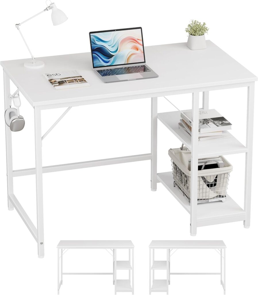 JOISCOPE Computer Desk, 100cm Office Desk with 2 Shelves, PC Desks Workstation for Student and Worker, Study Table for Writing, Wooden Desk for Bedroom, Home, Office, (White Finish)