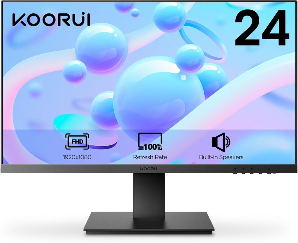 KOORUI 24 Inch Monitor, Build-in Speakers, IPS PC Monitor FHD 1080p, HDMI 1.4 (100Hz) VGA(60Hz), FreeSync G-Sync, VESA 75 x 75 mm, Eye Care, Tilt Adjustment