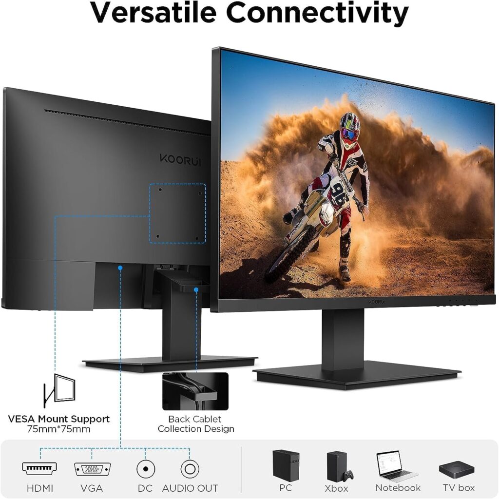 KOORUI 24 Inch Monitor, Build-in Speakers, IPS PC Monitor FHD 1080p, HDMI 1.4 (100Hz) VGA(60Hz), FreeSync G-Sync, VESA 75 x 75 mm, Eye Care, Tilt Adjustment