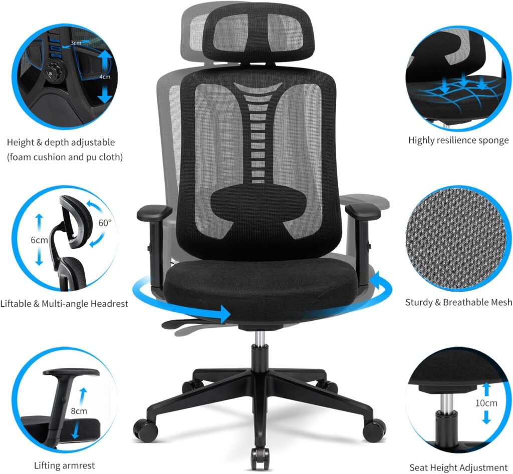 Magic Life Ergonomic Office Chair, 4 Gear Adjustable Home Desk Chair,Adjustable Lumbar Support with Thickened Cushion,3D Headrest Comfortable Armrest Computer Chair