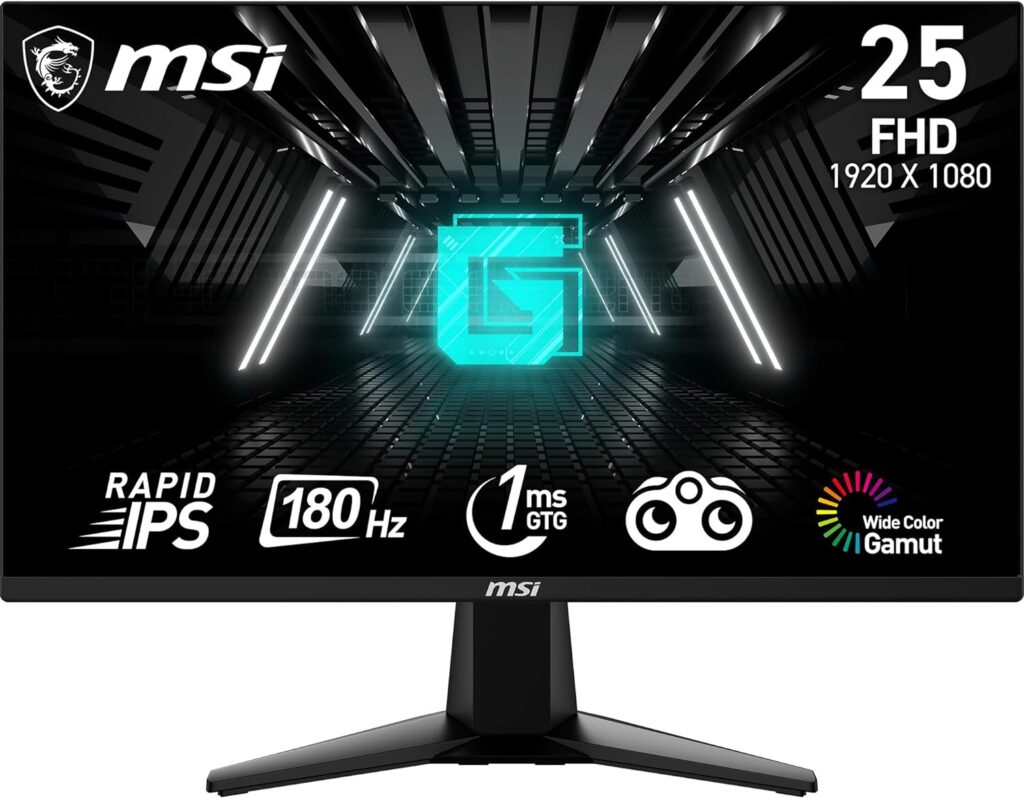 MSI G255F 24.5 Inch FHD Gaming Monitor - 1920 x 1080 Rapid IPS Panel, 180 Hz / 1ms (GtG), 99% sRGB Colour Gamut, Adaptive-Sync - DP 1.2a, HDMI 2.0b CEC