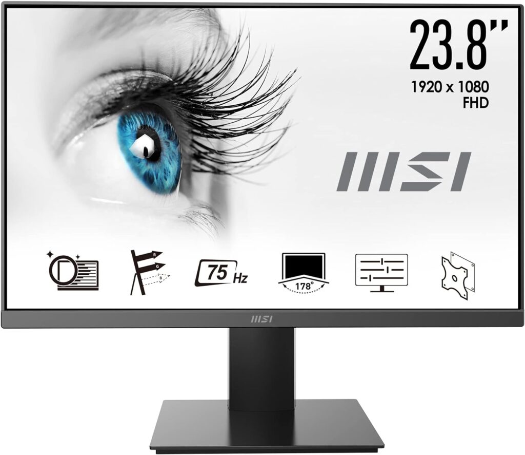 MSI PRO MP241X 23.8 Monitor, FHD (1920 x 1080), 75Hz, VA, 4ms, HDMI, VGA, Anti-Glare, Anti-Flicker, Less Blue light, TÜV Certified, VESA, Black