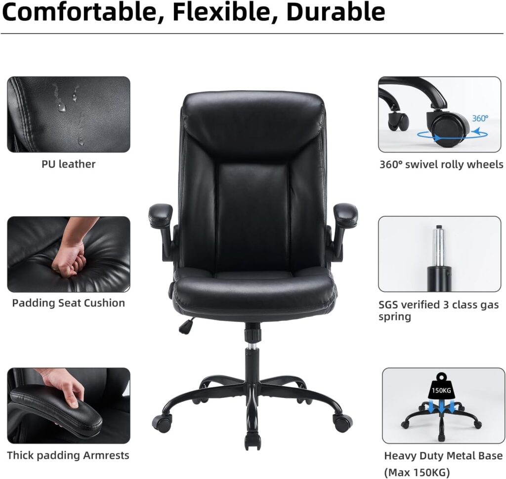 MZLEE Executive Office Chair, Ergonomic Computer Desk Chair Swivel Work Chair with Flip-up Armrest, Adjustable Height, Comfortable for Office Home (Navy Blue)