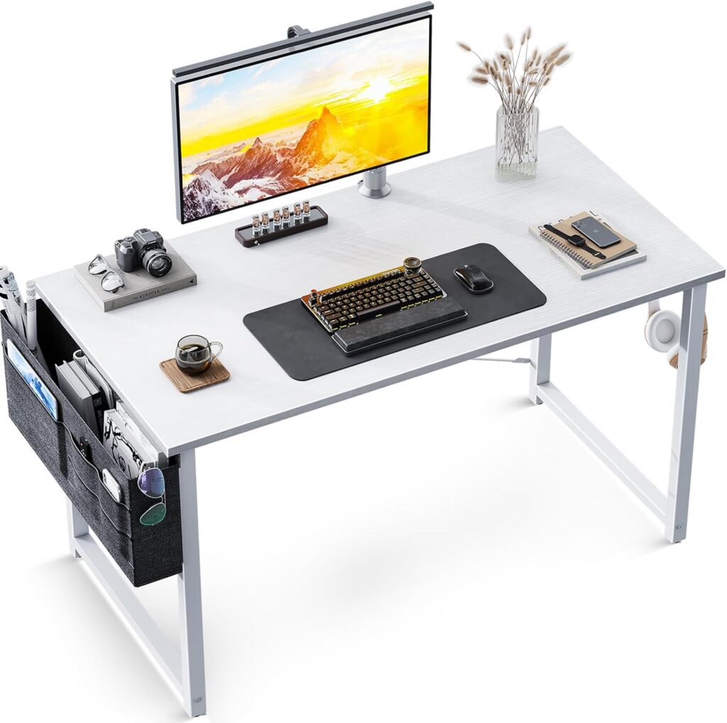 ODK Computer Desk 40 Inch, Small Office Desk for Home Office with Storage Bag, Writing Study Desk for Small Spaces, PC Desks and Workstations, Easy Assembly, White