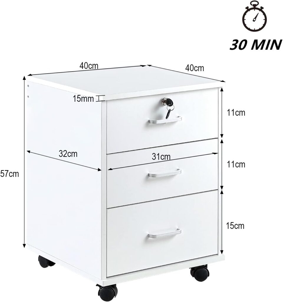 OFCASA Mobile File Cabinet with 3 Drawers 1 Door Lockable Office Filing Cabinet with Wheels White Wood Storage Rolling Cabinet for Home Office 40 x 60 x 60cm