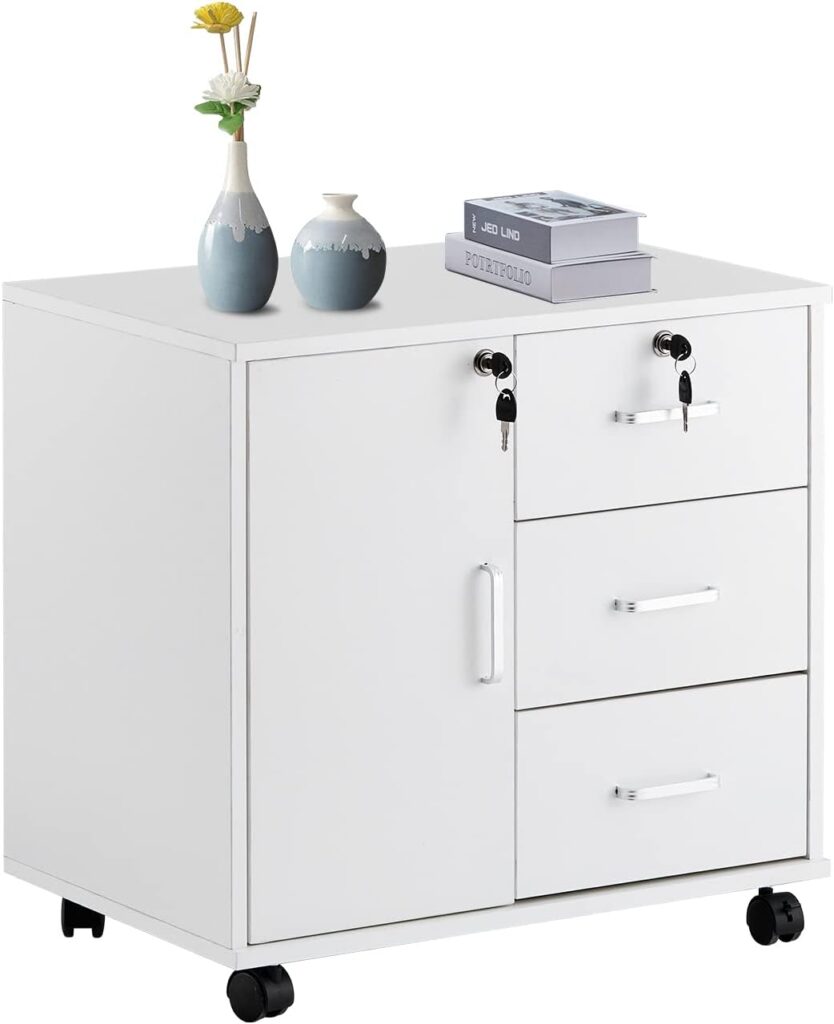 OFCASA Mobile File Cabinet with 3 Drawers 1 Door Lockable Office Filing Cabinet with Wheels White Wood Storage Rolling Cabinet for Home Office 40 x 60 x 60cm