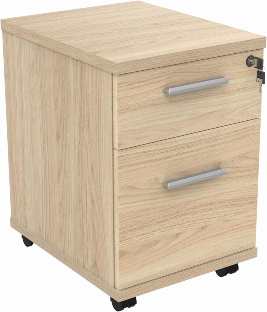 Office Hippo Essentials Heavy Duty 2 Drawer (1 for Filing) Mobile Pedestal A4 and Foolscap File Cabinet, Office Cabinet, Lockable Office Storage, 5 Year Wty, Canadian Oak, 40.4 x 50 x 59.5 cm