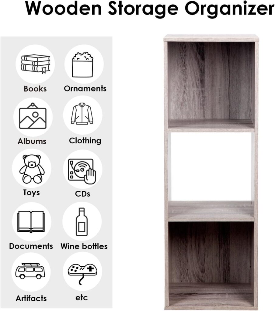 PACHIRA Bookcase with 2 Levels, 1 x 2 Wooden Bookcase, Step Shelf, Standing Shelf with 3 Compartments, Open Storage Shelf, Cube Shelf for Clothes, Toys, Office Shelf for Living Room, Bedroom