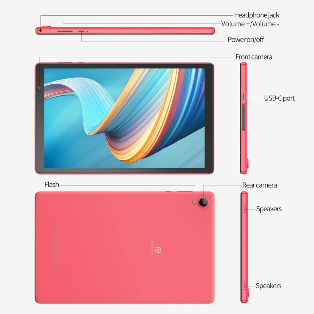 PRITOM 10 inch Android 12 Tablet,2GB RAM, 32GB ROM, 6000Mah, Expand to 512GB, Quad Core Processor, 10 inch Tablet, Android Tablets HD IPS Screen, Camera, Wi-Fi, Bluetooth, Tablet PC(Pink)