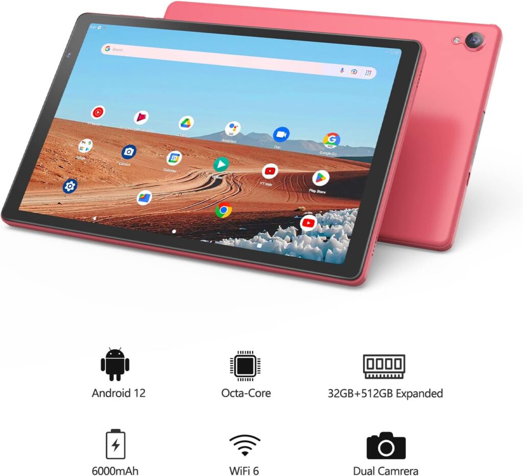 PRITOM 10 inch Android 12 Tablet,2GB RAM, 32GB ROM, 6000Mah, Expand to 512GB, Quad Core Processor, 10 inch Tablet, Android Tablets HD IPS Screen, Camera, Wi-Fi, Bluetooth, Tablet PC(Pink)