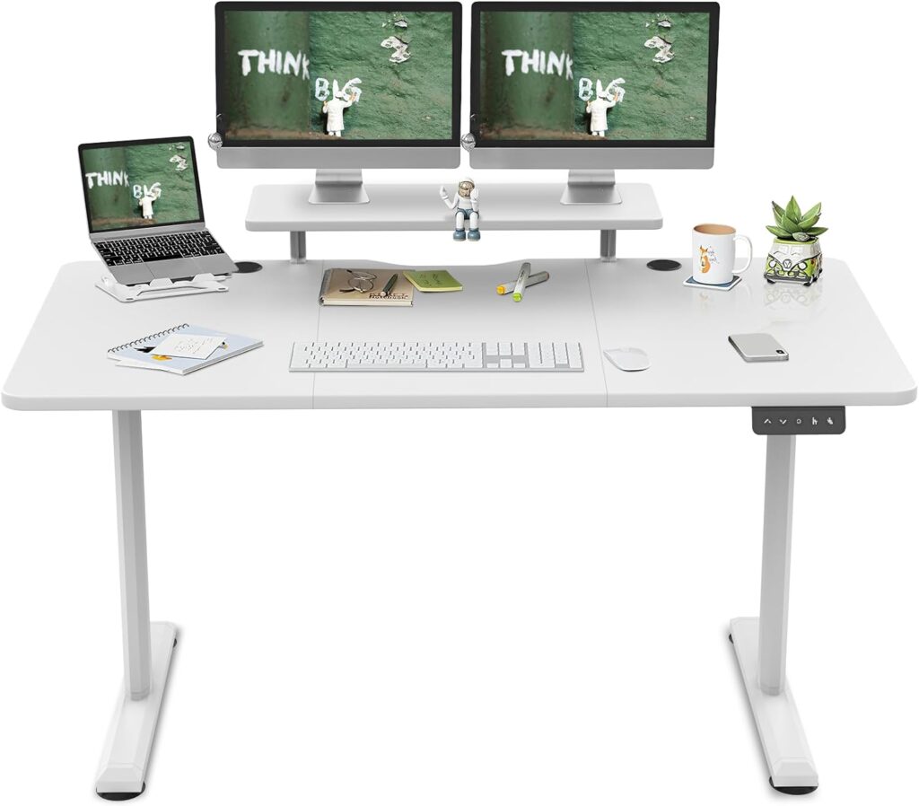 TRIUMPHKEY Electric Standing Desk 160x70cm Height Adjustable Desk with Monitor Shelves Sit Stand Desk Stand Up Desk for Home Office Computer Workstation(White)