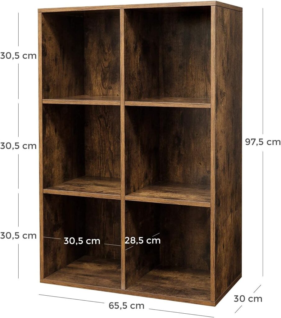 VASAGLE 6-Cube Bookcase, Storage Unit, Display Rack for Trinkets, Souvenirs, Potted Plants, for Study Room, Office, Living Room, 65.5 x 30 x 97.5 cm, Rustic Brown LBC203BX