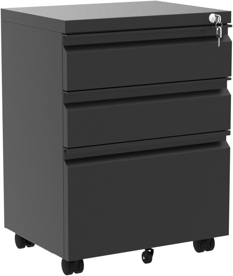 YITAHOME 3-Drawers Lockable File Cabinet for Letter/legal/A4 Size, Home Office Mobile Filing Cabinet with Wheel, Anti-tipping Under Desk File Storage Cabinets, Fully Assembled, Black, 46 x 39 x 62cm