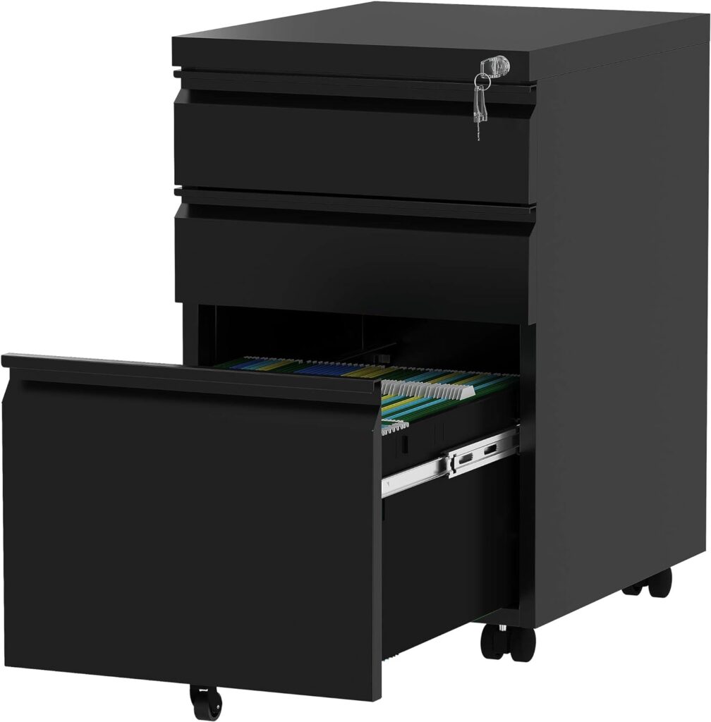 YITAHOME 3-Drawers Lockable File Cabinet for Letter/legal/A4 Size, Home Office Mobile Filing Cabinet with Wheel, Anti-tipping Under Desk File Storage Cabinets, Fully Assembled, Black, 46 x 39 x 62cm