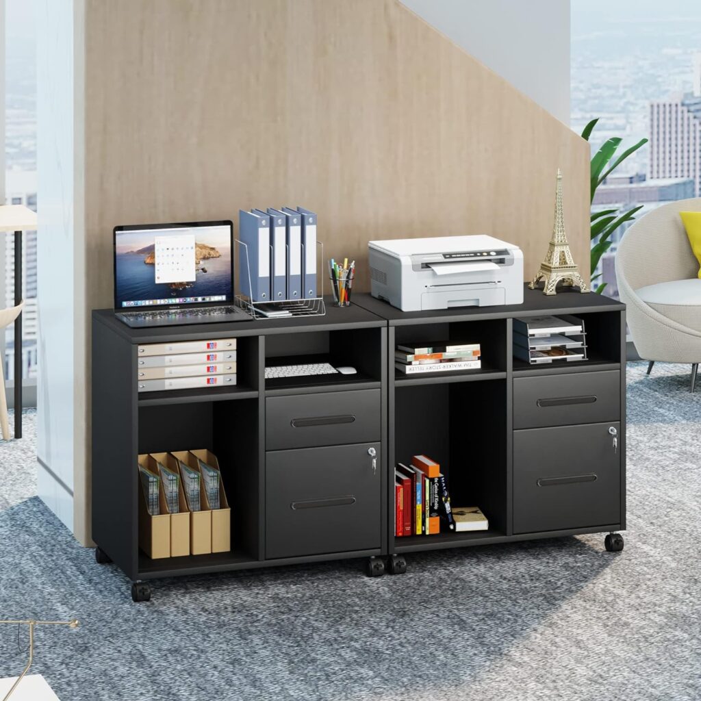 YITAHOME Mobile Filing Cabinets with 2 Drawers, Metal Lockable Lateral File Cabinet with 3 Open Storage Shelves, Printer Stand with Wheels for Letter/Legal/A4 Home Office, Black, 80 x 71 x 50cm